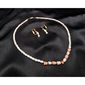 Vintage 1960s-70s Coral & Pearl Necklace And Clip-On Earrings Set